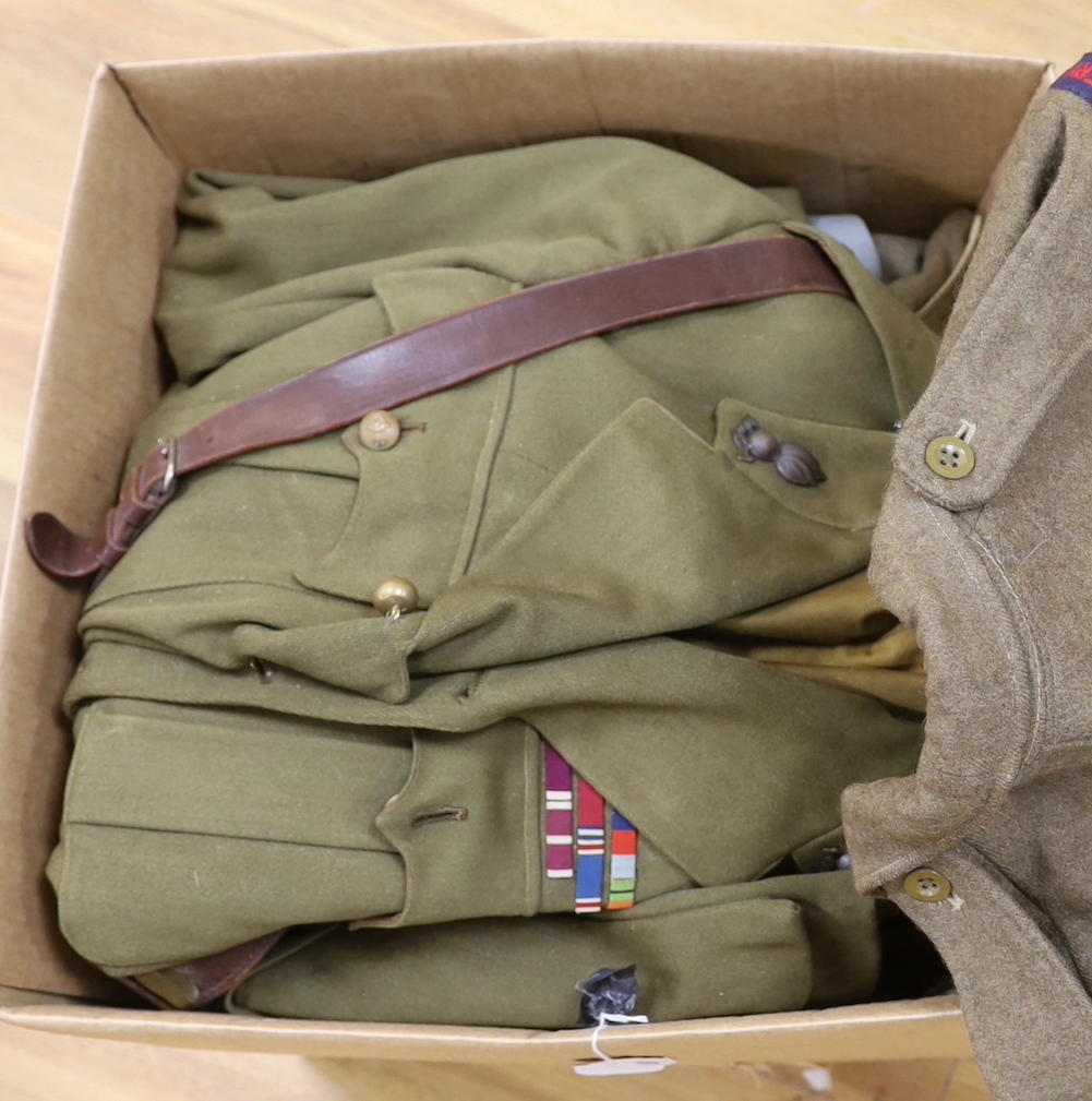 An RAF 'combined operations' khaki jacket, trousers, cap and beret, a Royal Artillery Grenadier's officer's jacket and trousers and an Royal Navy jacket, various caps and spats